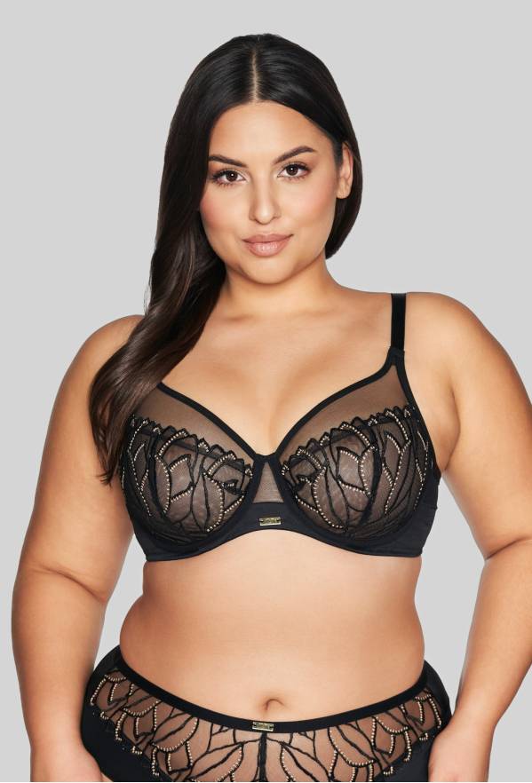 Podprsenka AVA černá, se zlatou výšivkou a průsvitným tylem – AV 2115 Soft Black
